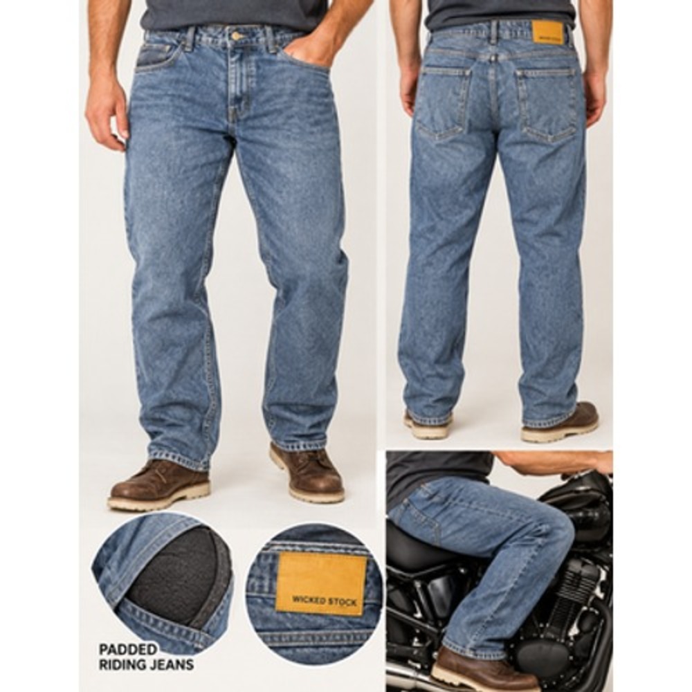 Wicked Stock Mens Motorcycle Riding Jeans 38x32 Padded Blue Denim Biker Pants